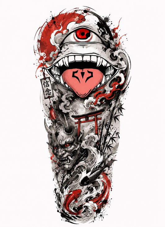 Anime-inspired Japanese tattoo sleeve with oni, koi, waves and red-and-black artwork