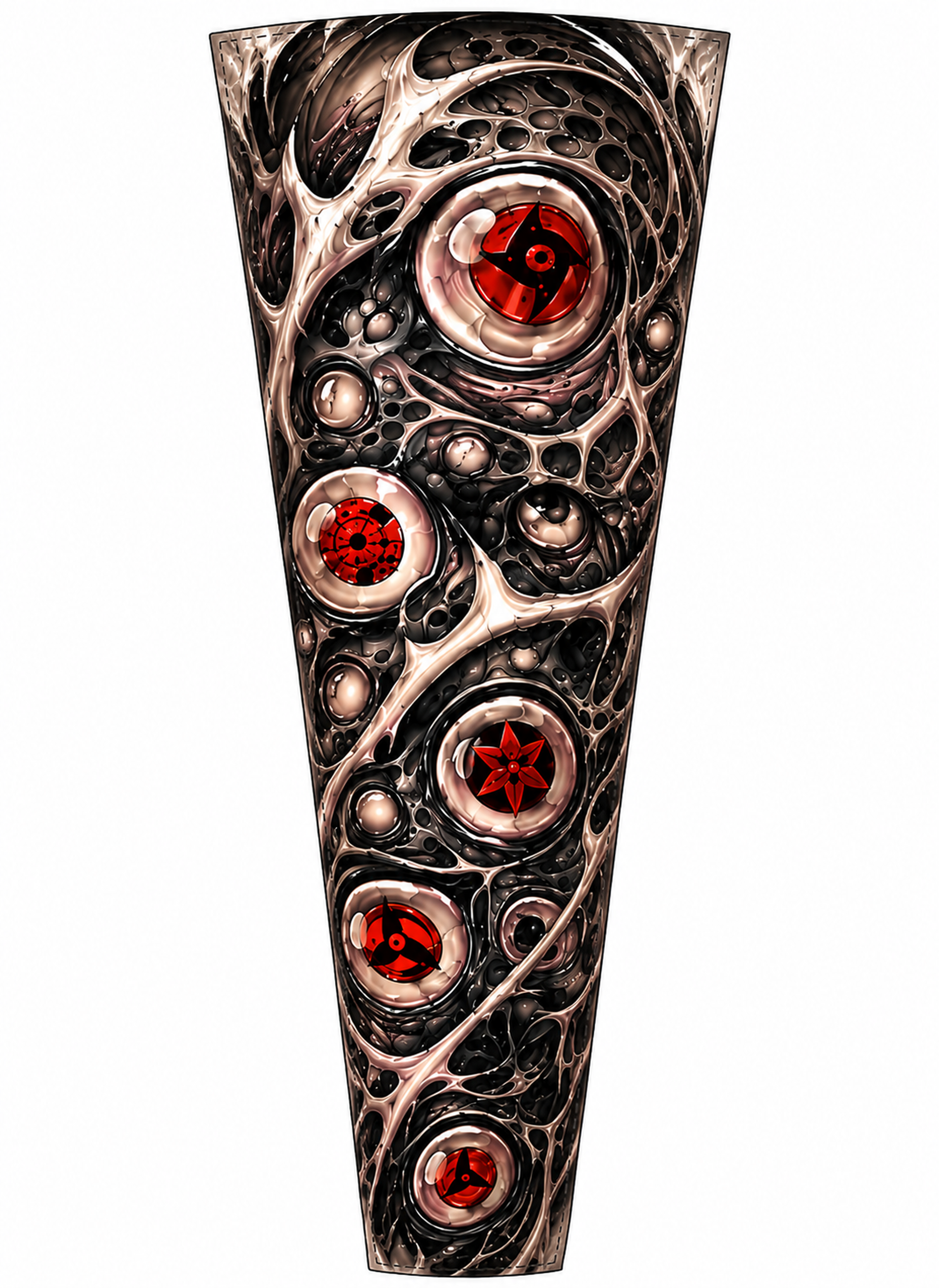 Biomechanical tattoo sleeve with red orbital eye artwork
